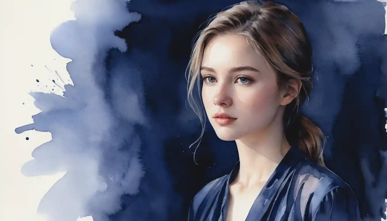 Pensive young woman in indigo watercolor library scene