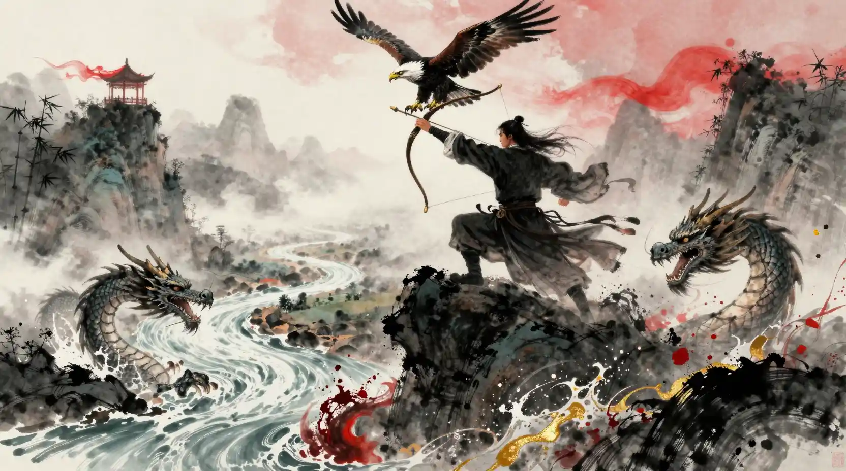 Wuxia hero on a misty peak drawing a bow