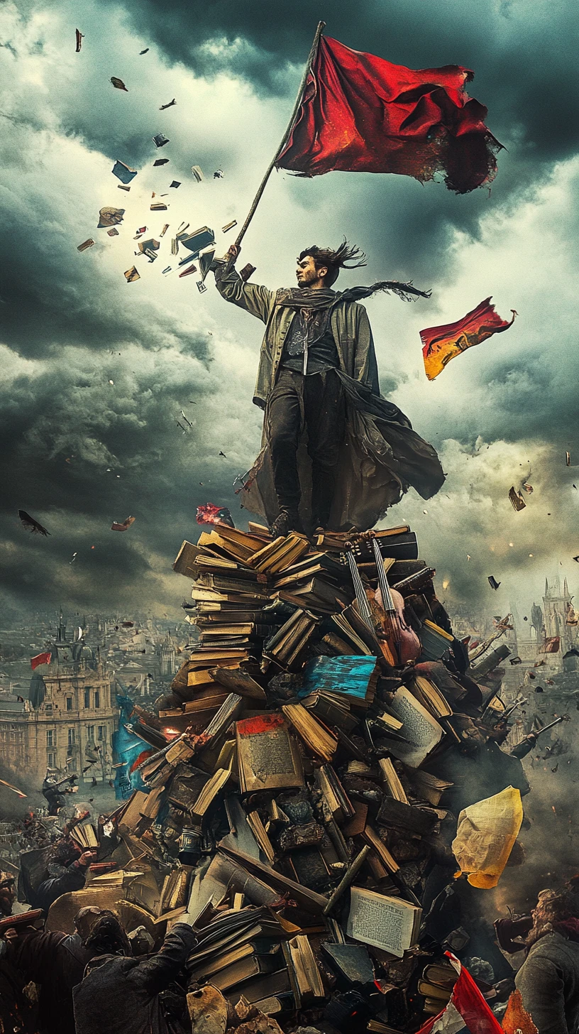 Weary figure on barricade of books in stormy city stage