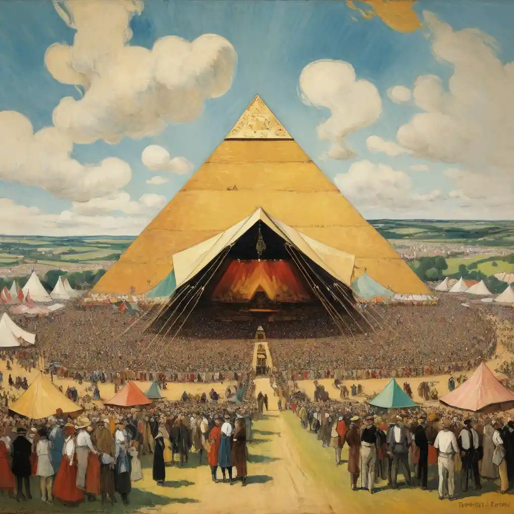 Colorful pyramid stage at a lively outdoor music festival