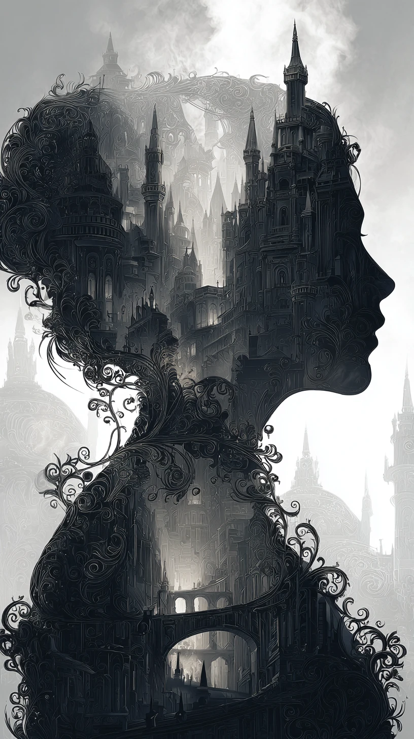 Gothic city silhouette forming a mysterious feminine figure
