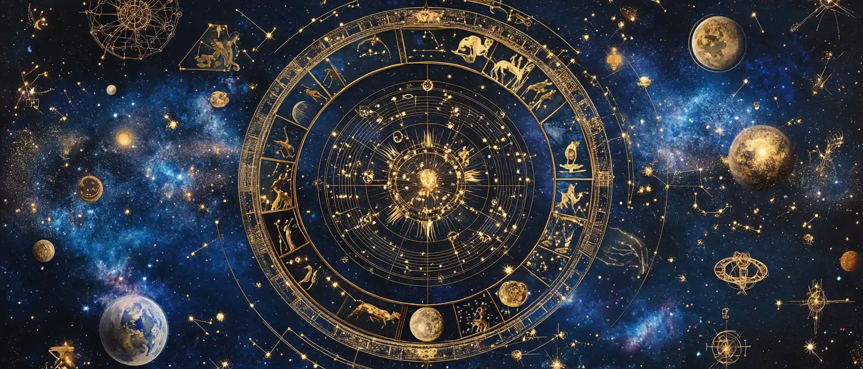 Zodiac signs spread across a mystical night sky