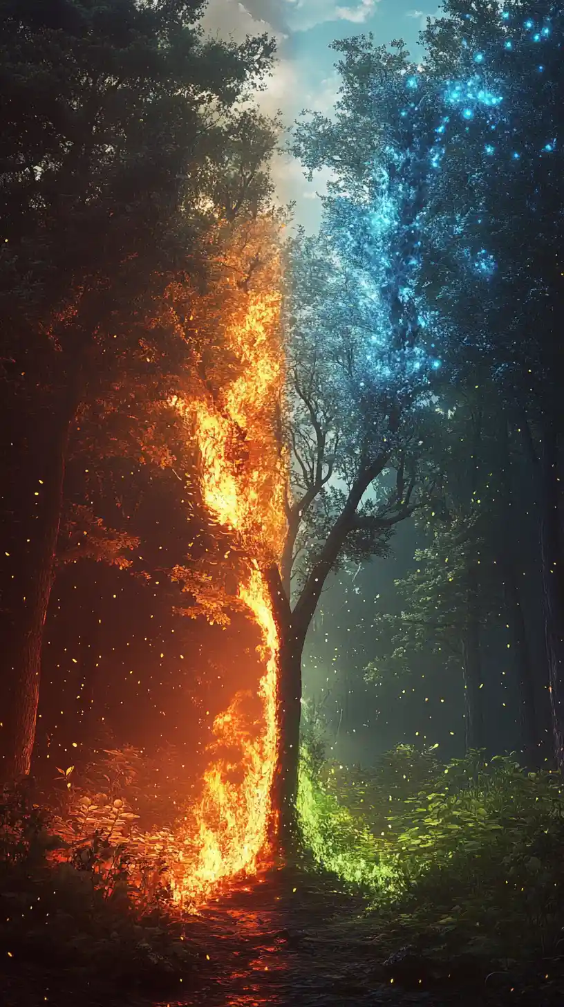 Burning forest beside reborn green woods in mystical scene