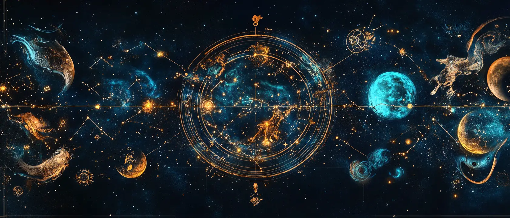 Zodiac signs arranged across the star filled night sky