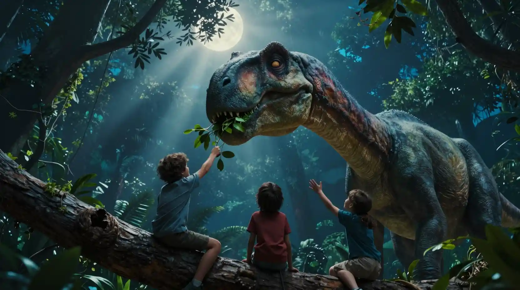 Brachiosaurus towering above kids in a moonlit jungle