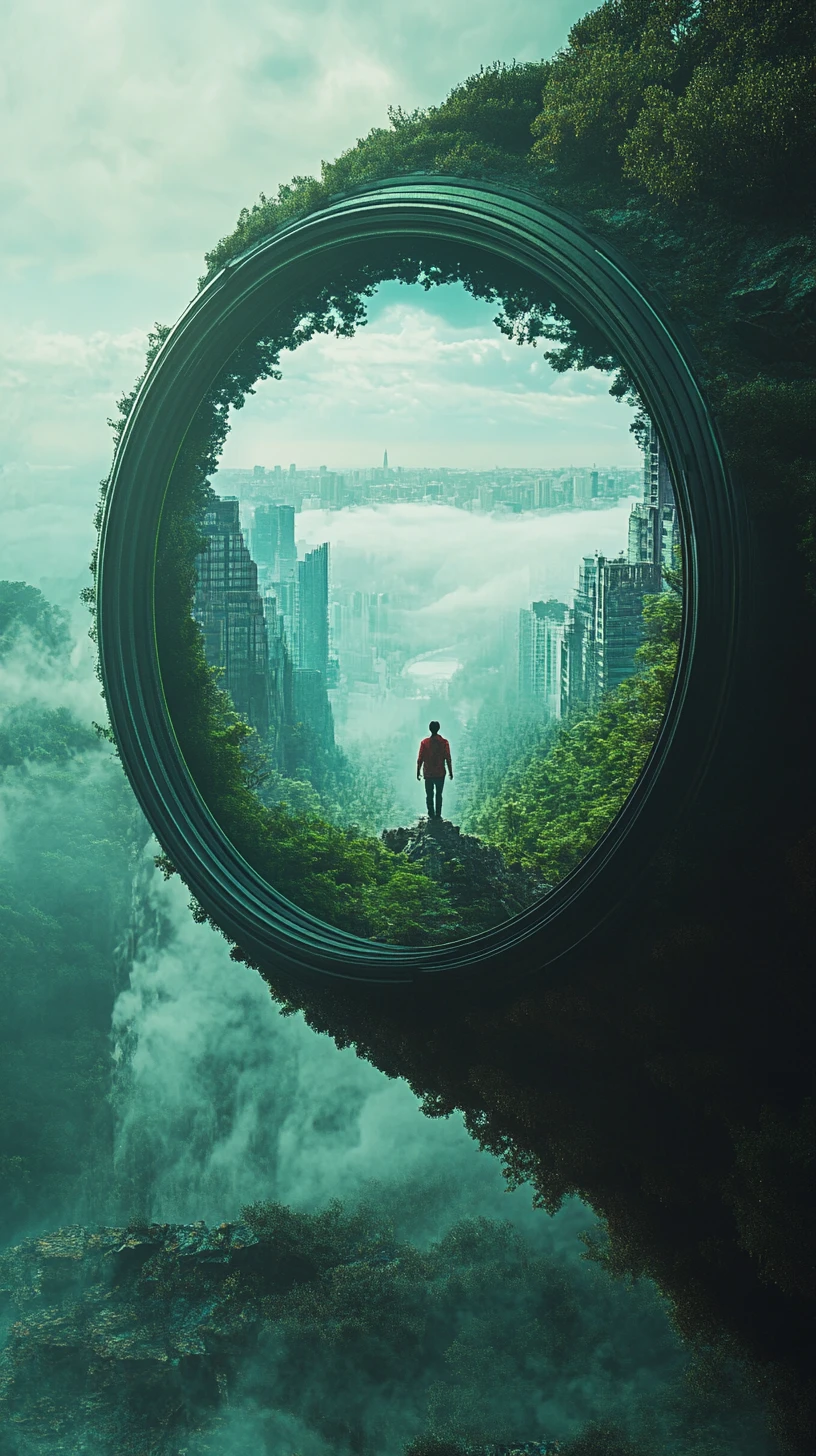 Portal surreal de lente de cámara flotando en el espacio profundo