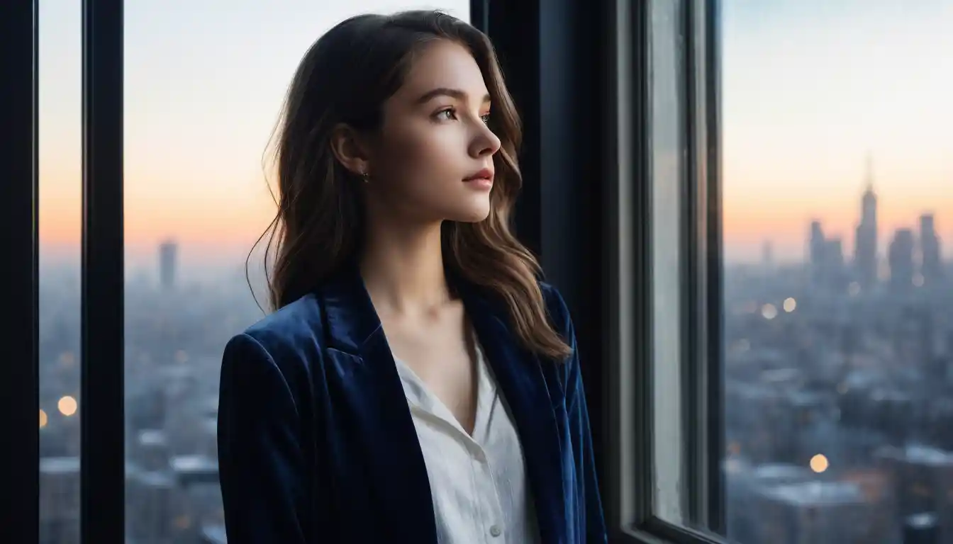 Watercolor profile of a young woman at a city window