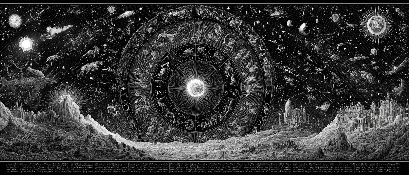 Zodiac signs mapped across the star filled night sky