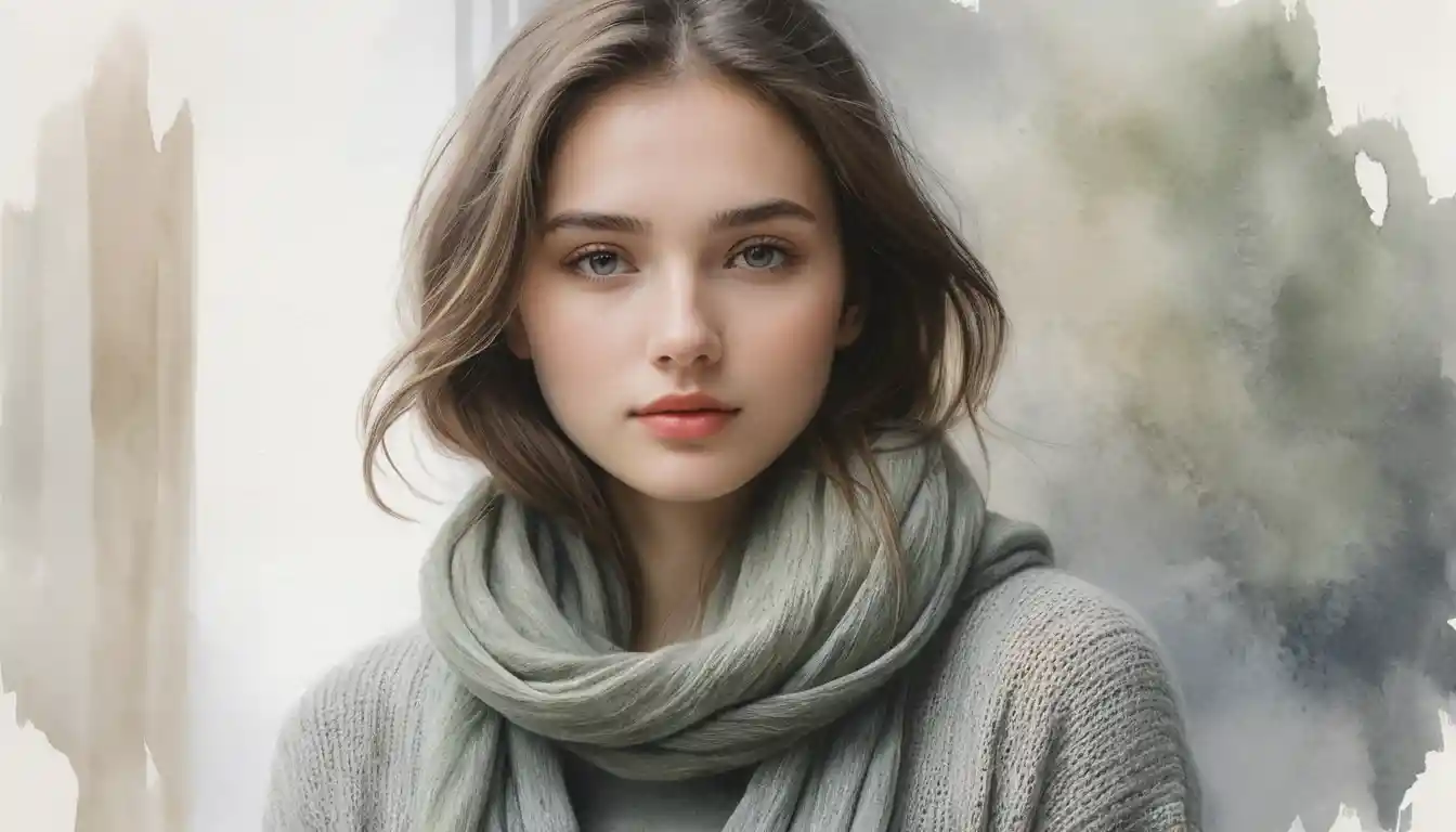 Young woman in soft watercolor amid drifting veils