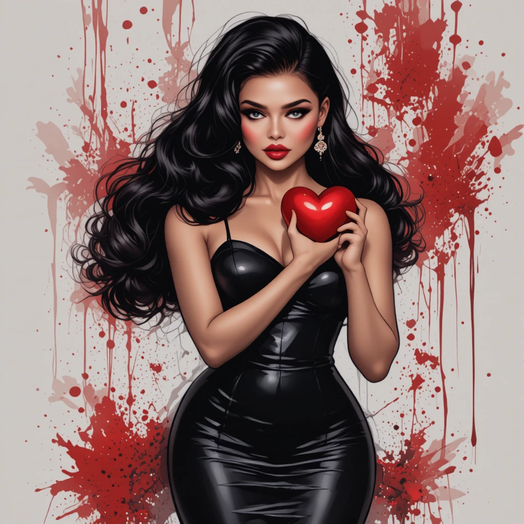 Donna mora formosa in abito nero che tiene un cuore rosso