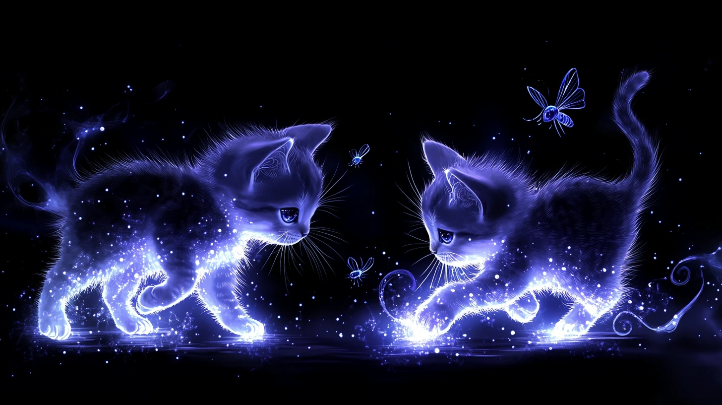 Glowing kitten silhouettes chasing insects in magical night