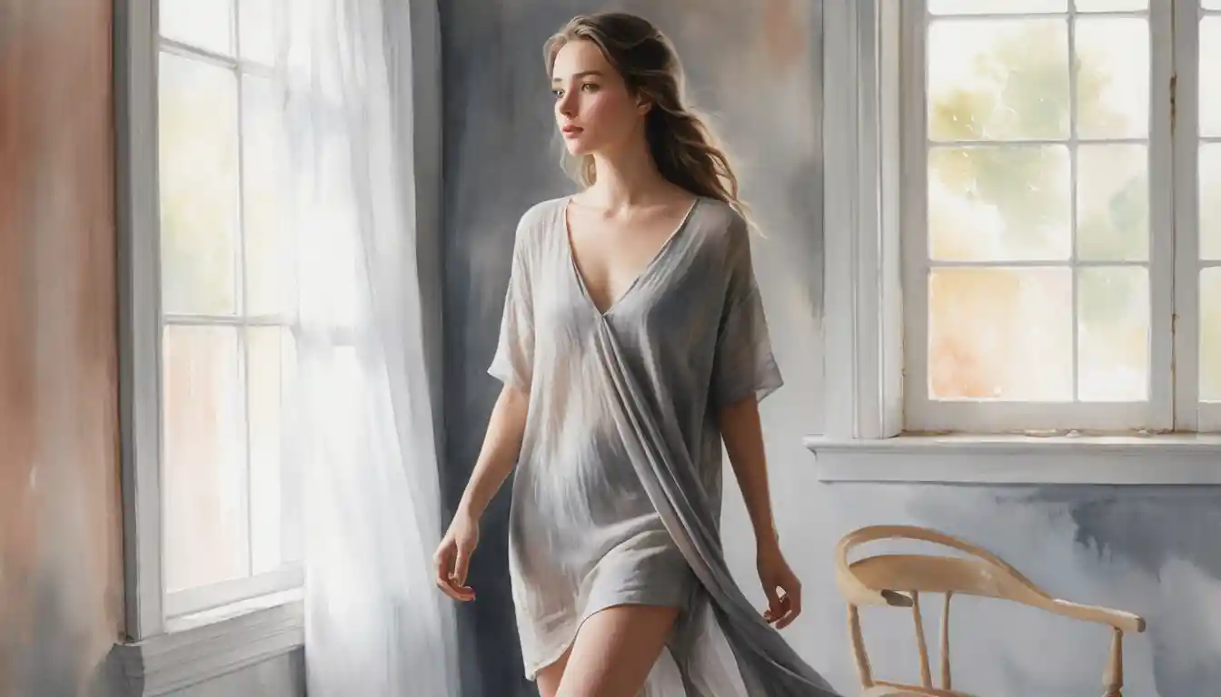 Young woman in a soft watercolor walking through draped rooms