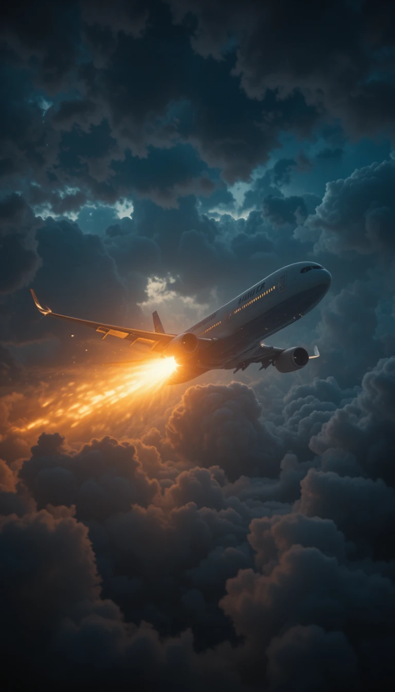 Commercial airplane in stormy night sky with panicked passengers