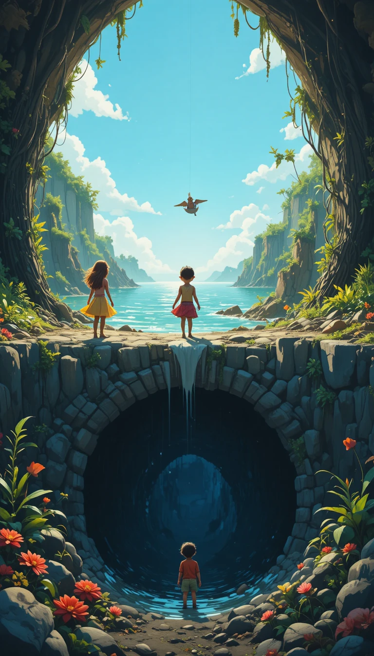 Child facing darkness and mystery in an abstract underwater world