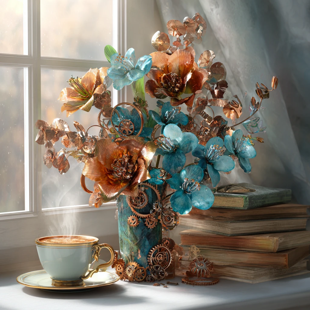 Tarjeta de felicitación steampunk floral con libros y café