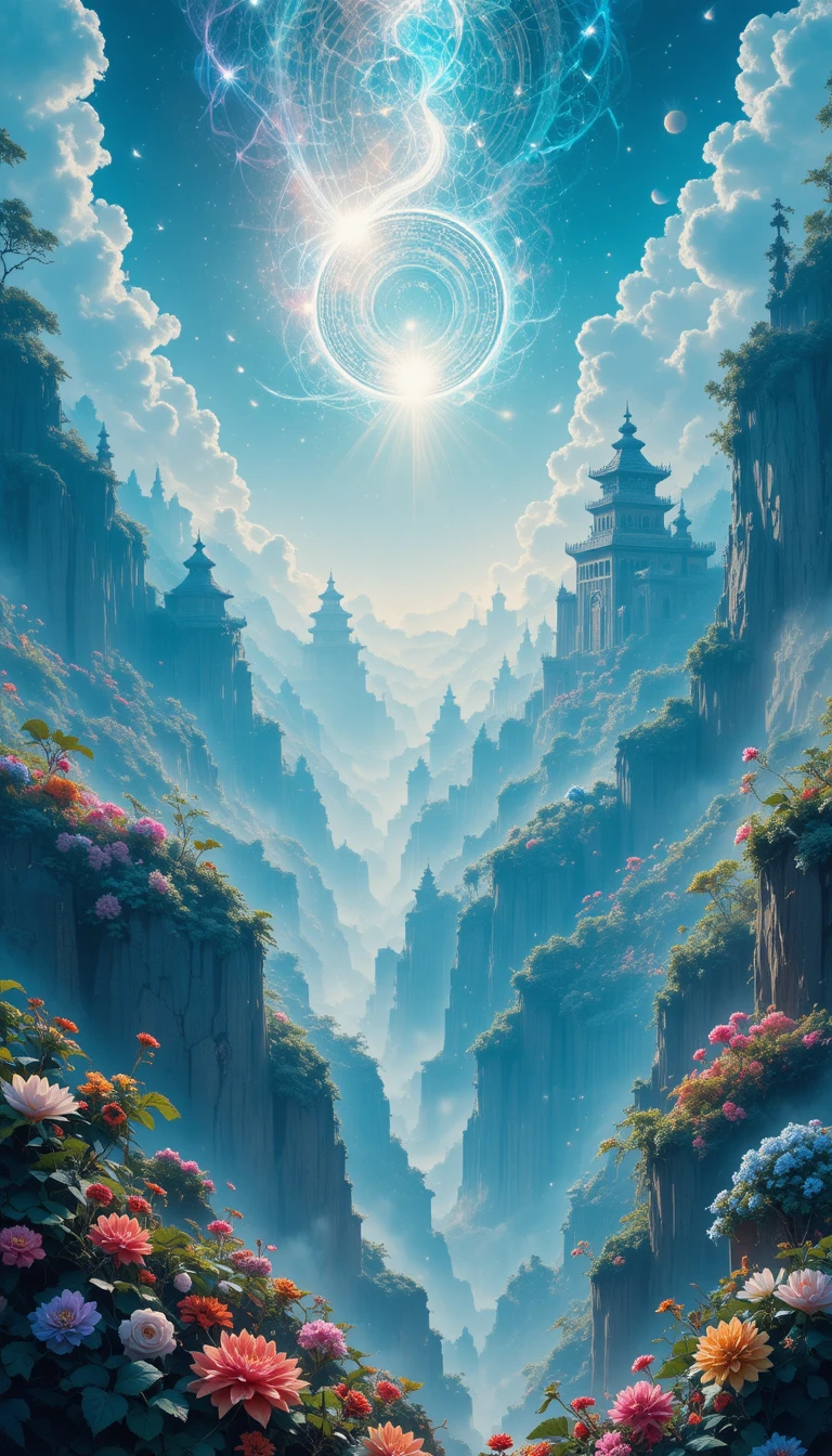 Fantasy canyon landscape with mist and glowing flowers