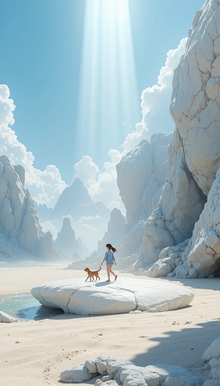 Cartoon girl walking a dog on a large stone beach