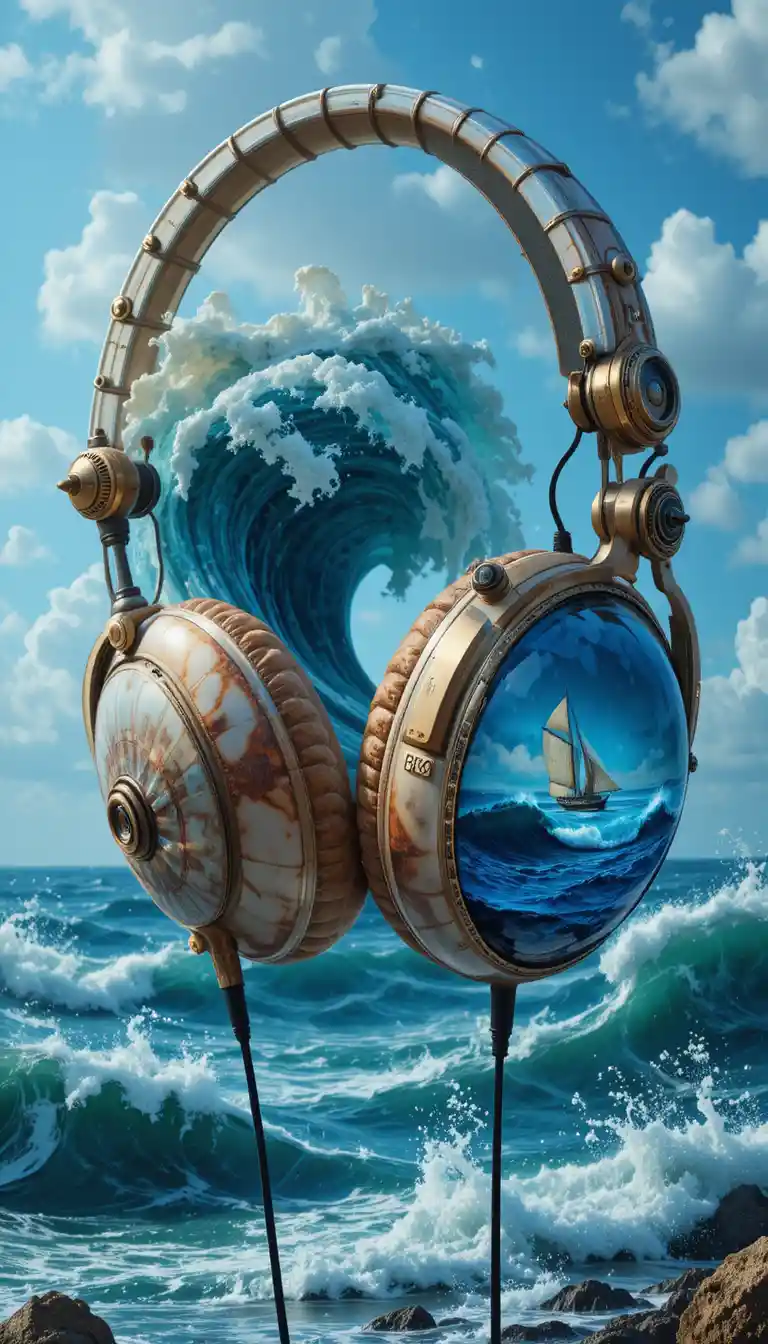 Surreal seashell headphones with ocean waves and sailboats