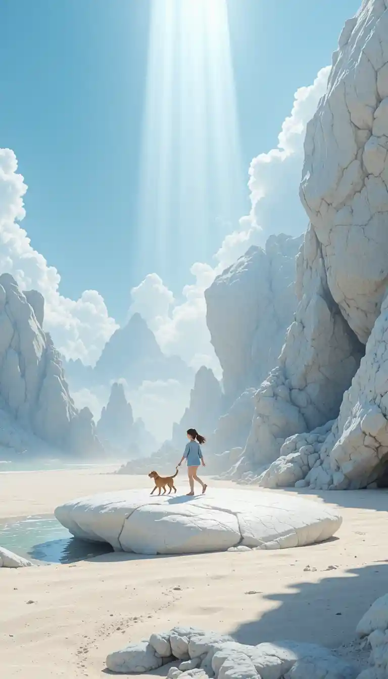 Cartoon girl walking a dog on a large stone beach