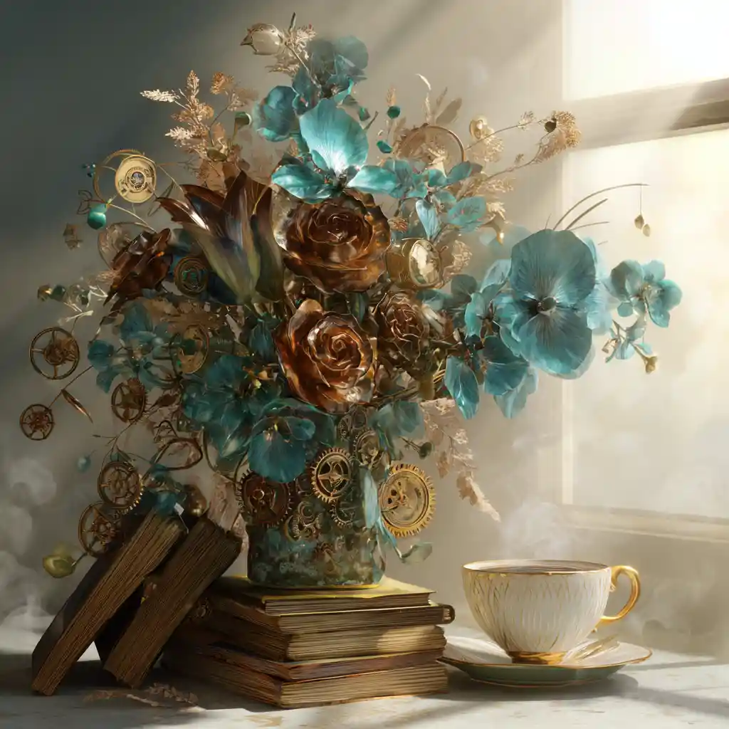 Steampunk floral greeting card beside books and coffee