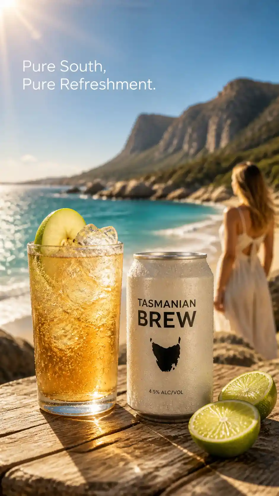 Chilled cider and can on rustic table by Tasmanian beach