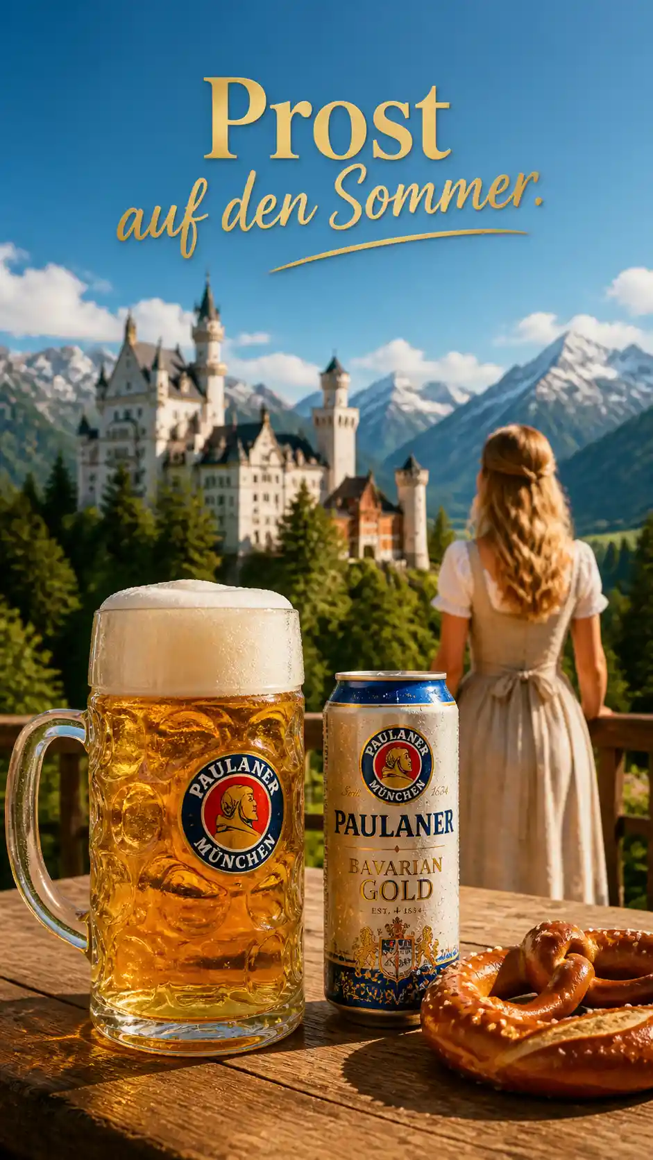 Cold lager and pretzel in front of alpine castle