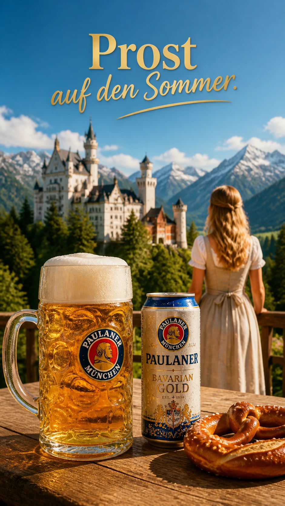 Cerveza lager fría y pretzel frente a un castillo alpino