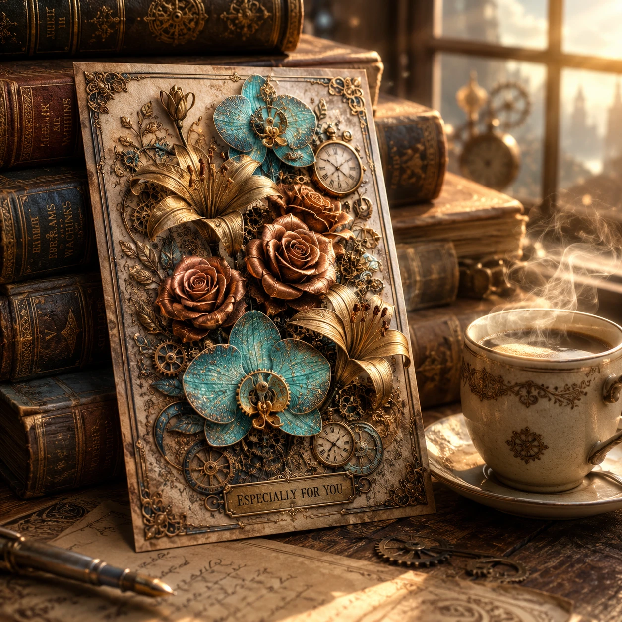 Steampunk floral greeting card with books and coffee