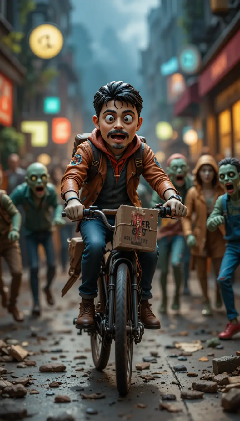 Clay delivery man on bike chased by hungry zombies
