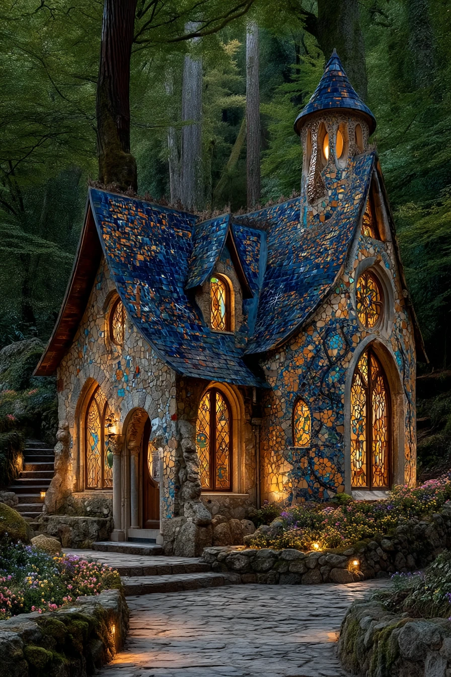 Cabaña de mosaico de cuento de hadas que brilla en un bosque oscuro