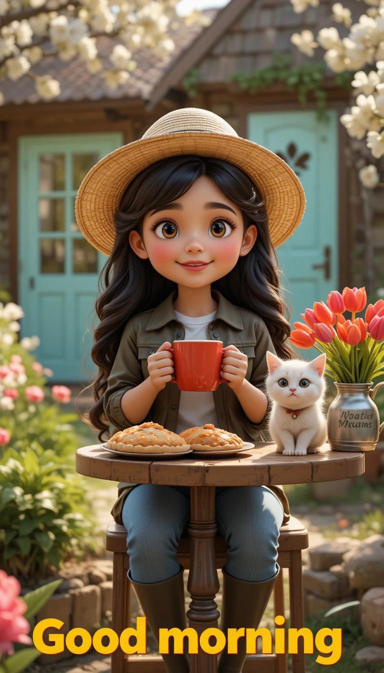 Little girl enjoying tea in a sunny spring garden