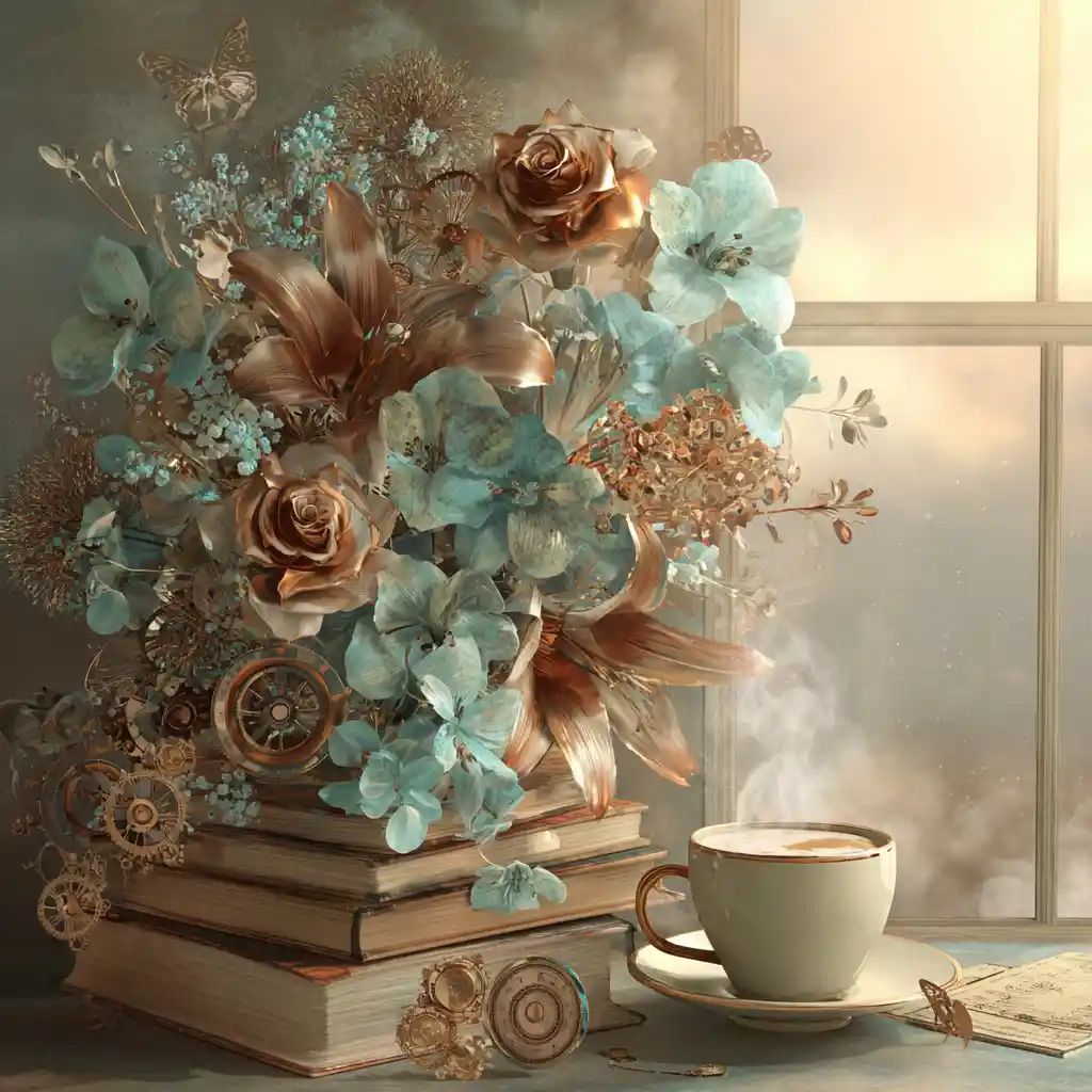 Steampunk floral greeting card beside books and coffee