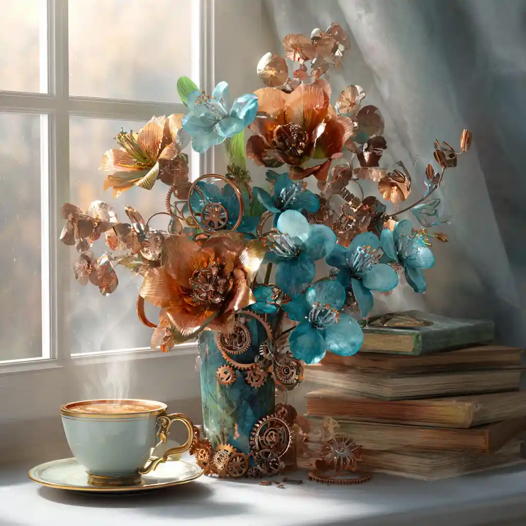 Steampunk floral greeting card with books and coffee