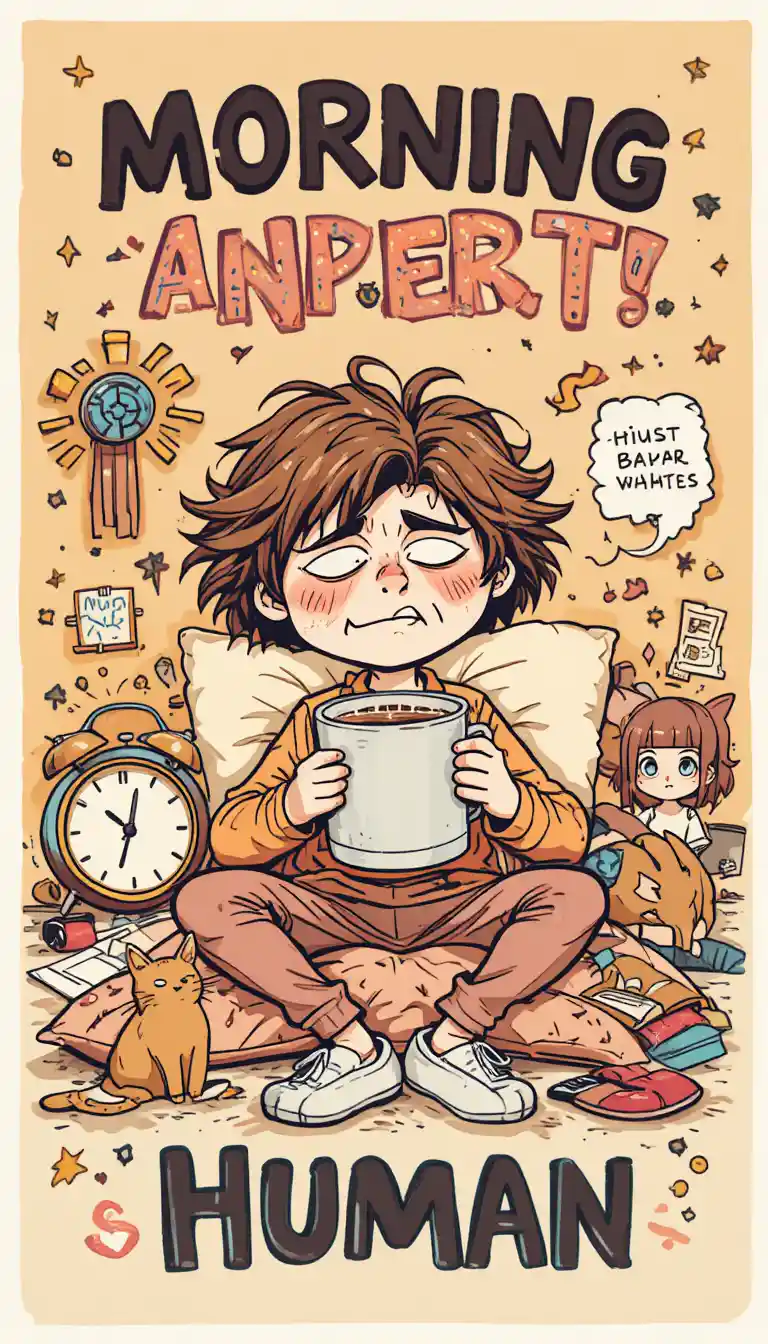 Sleepy morning cartoon with coffee and cozy bedroom chaos