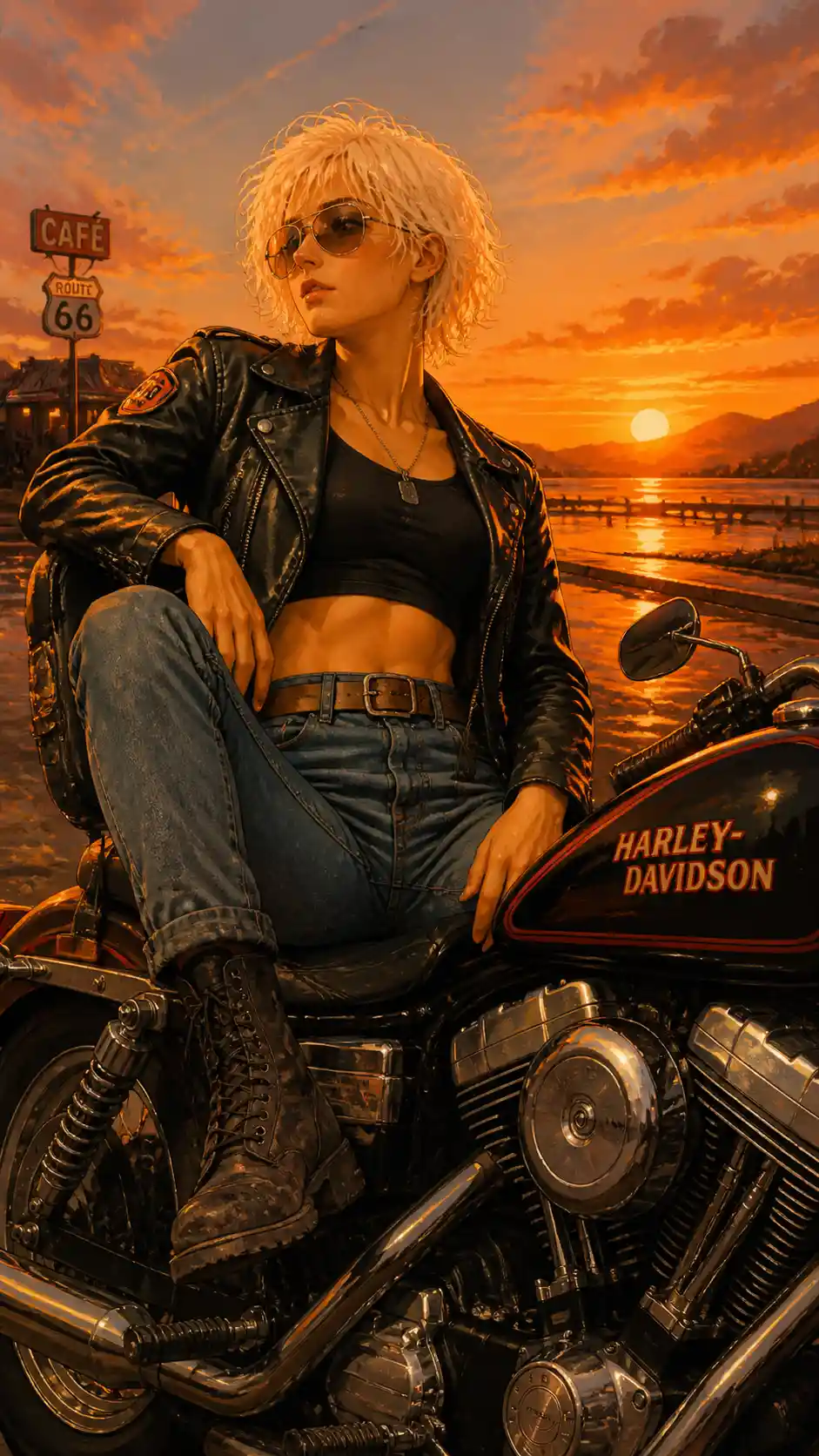 Retro anime biker woman on a motorcycle at sunset