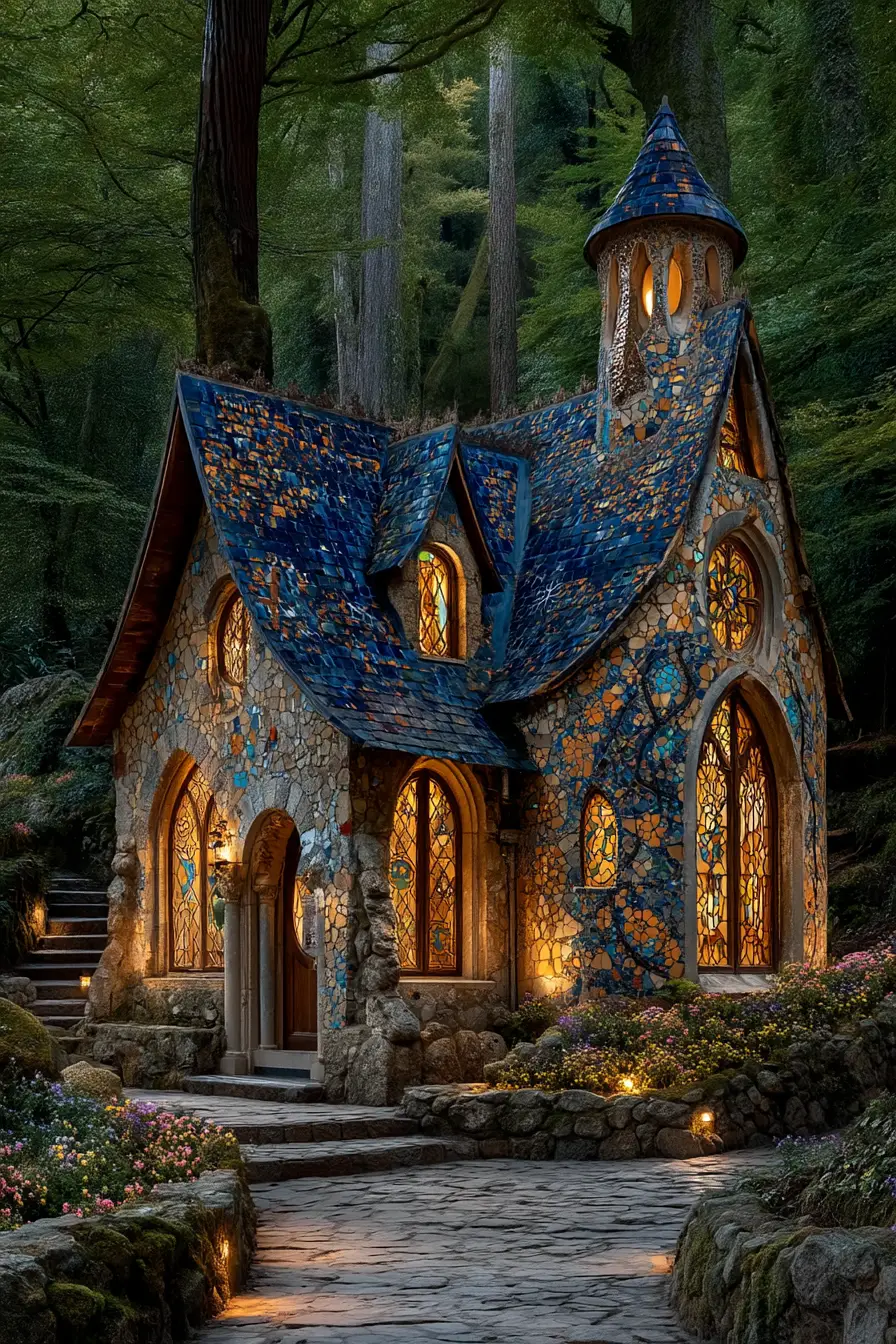 Fairytale mosaic cottage glowing in a dark forest