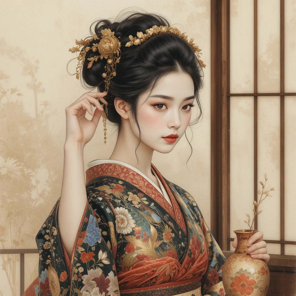 Graceful geisha adjusting hairpin in soft watercolor interior