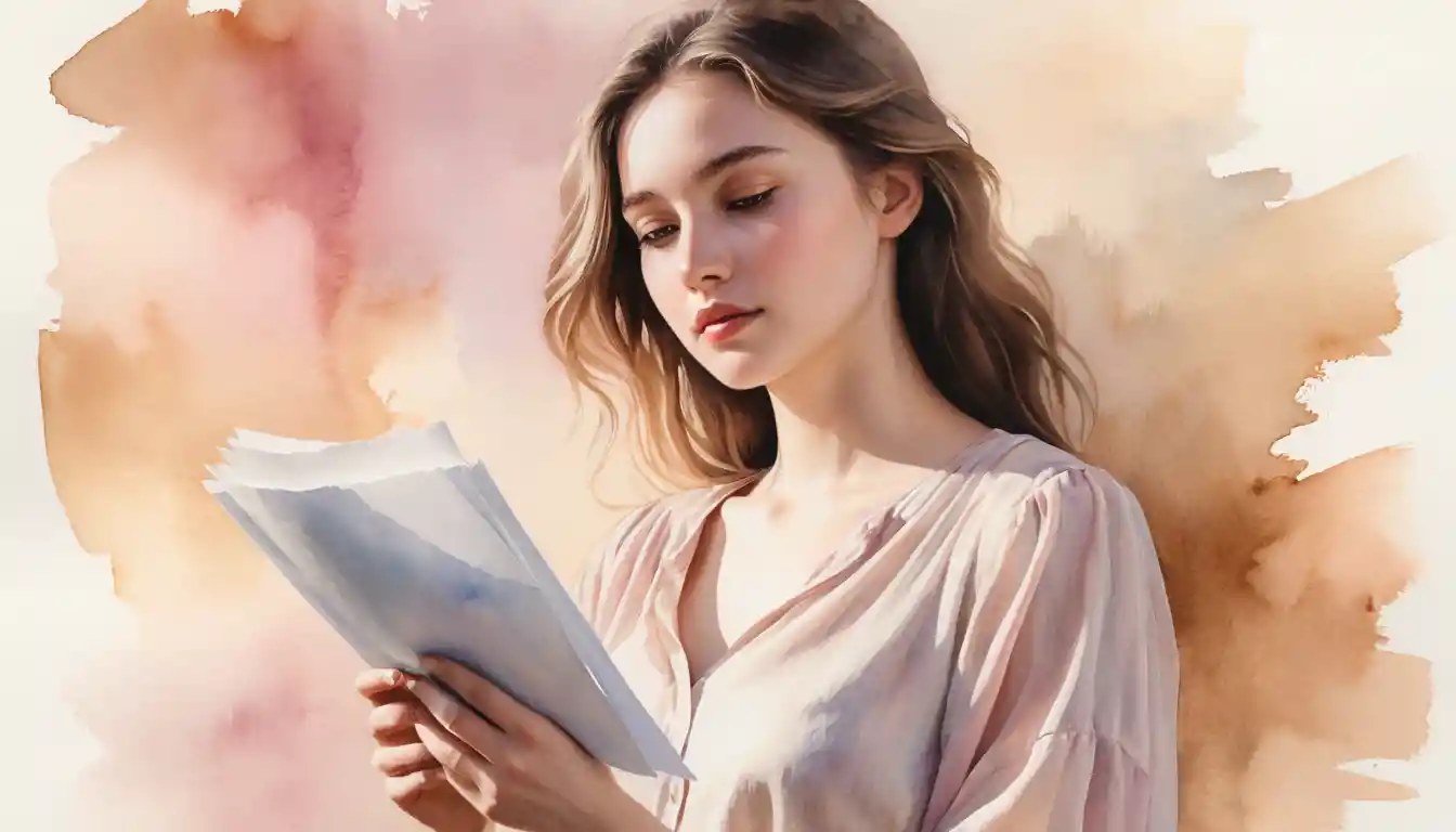 Watercolor girl with blank pages in soft fading tones
