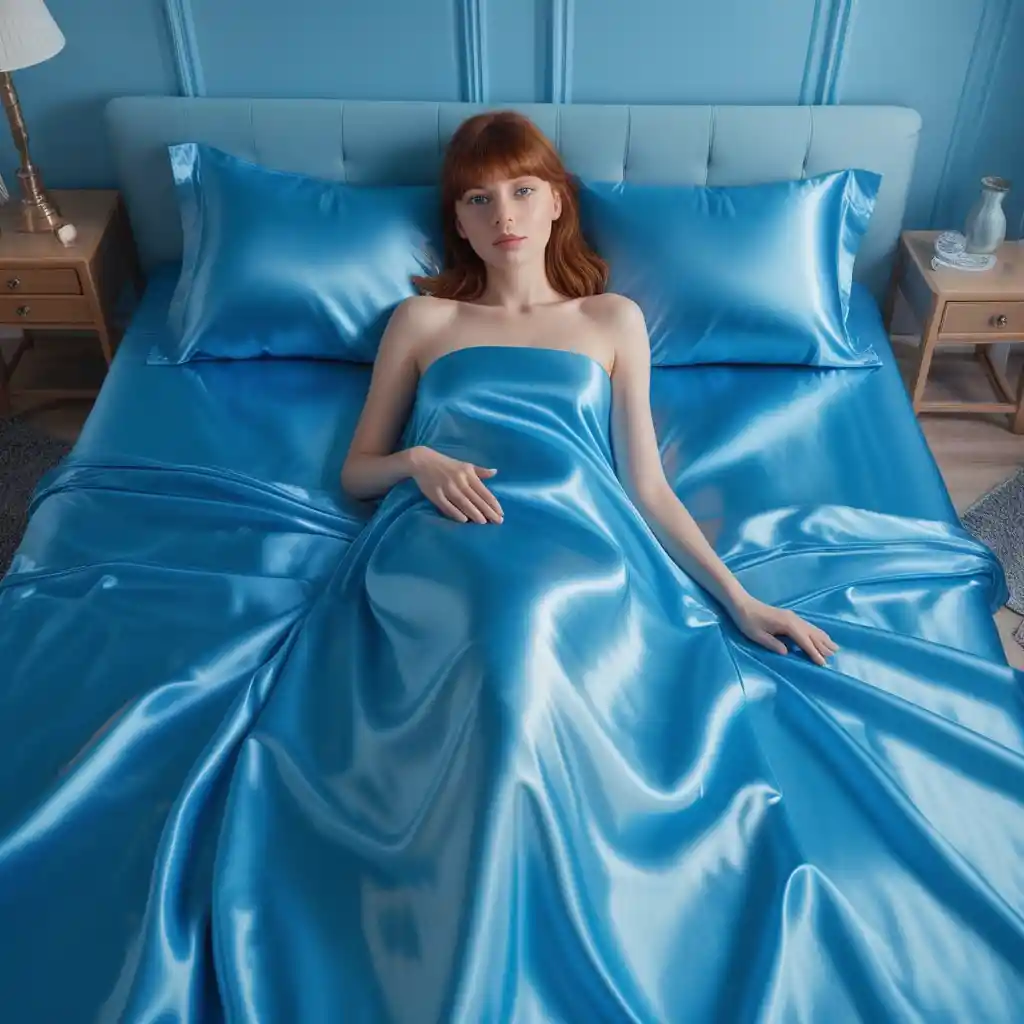 Beautiful woman lying on vivid blue satin bed sheets