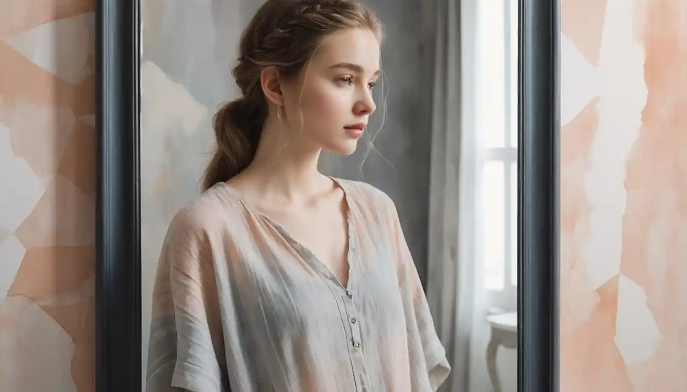 Young woman in linen before mirror with barcode reflection