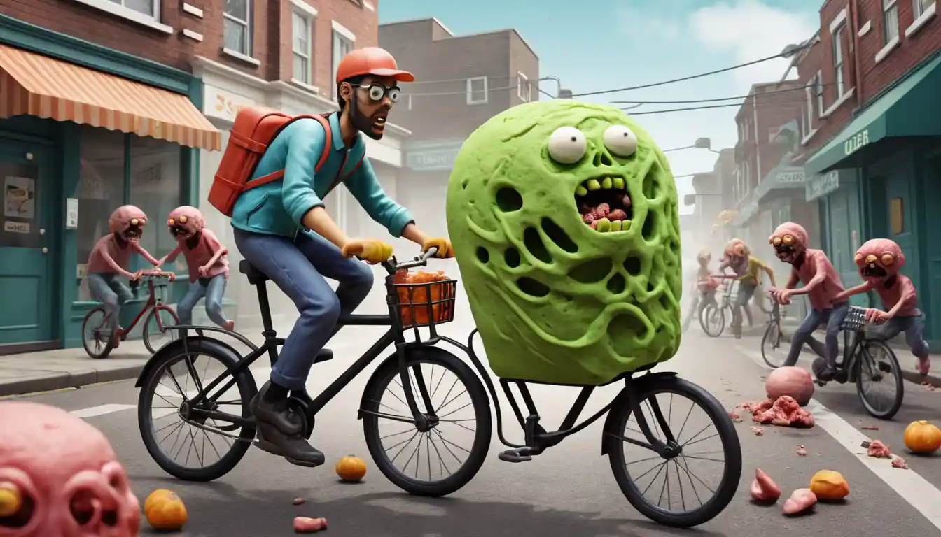 Playful clay delivery cyclist chased by hungry zombies