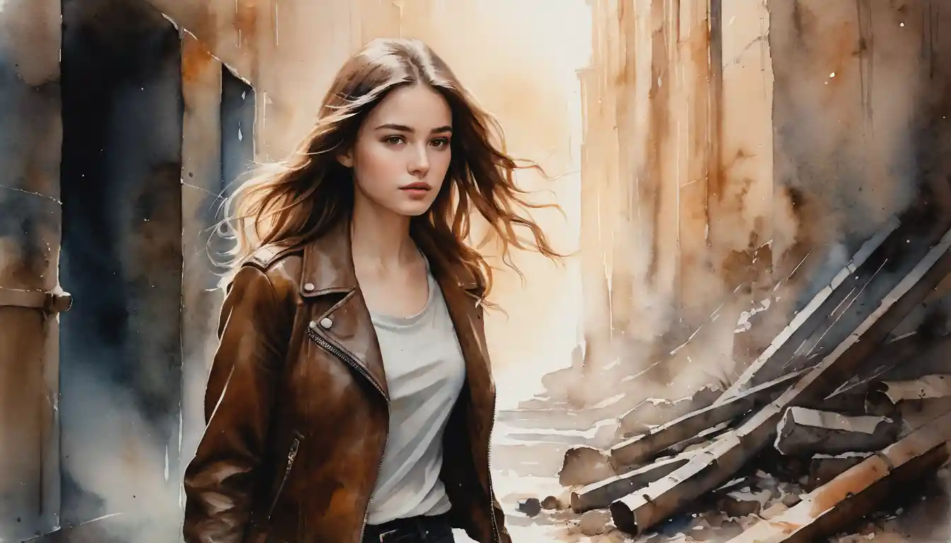 Watercolor girl walking through a fading gold vault