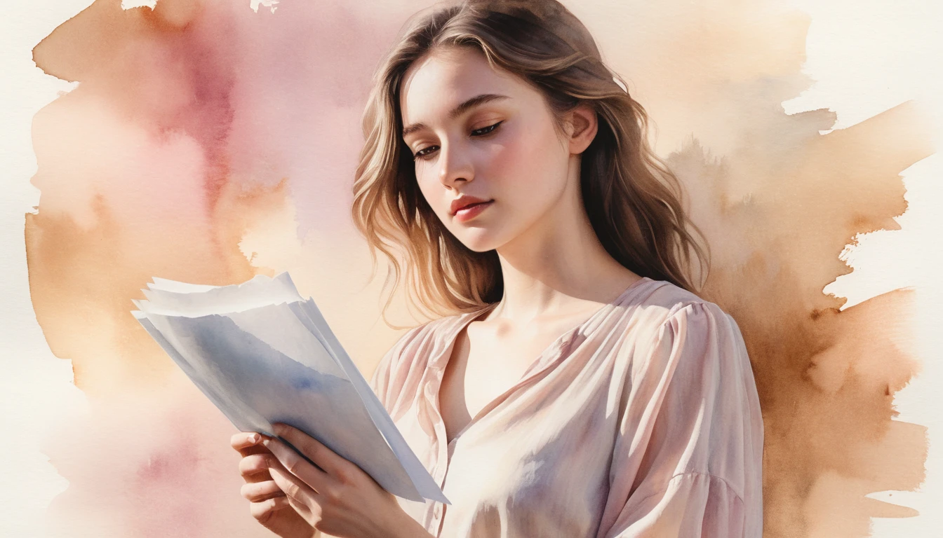 Watercolor girl with blank pages in soft fading tones