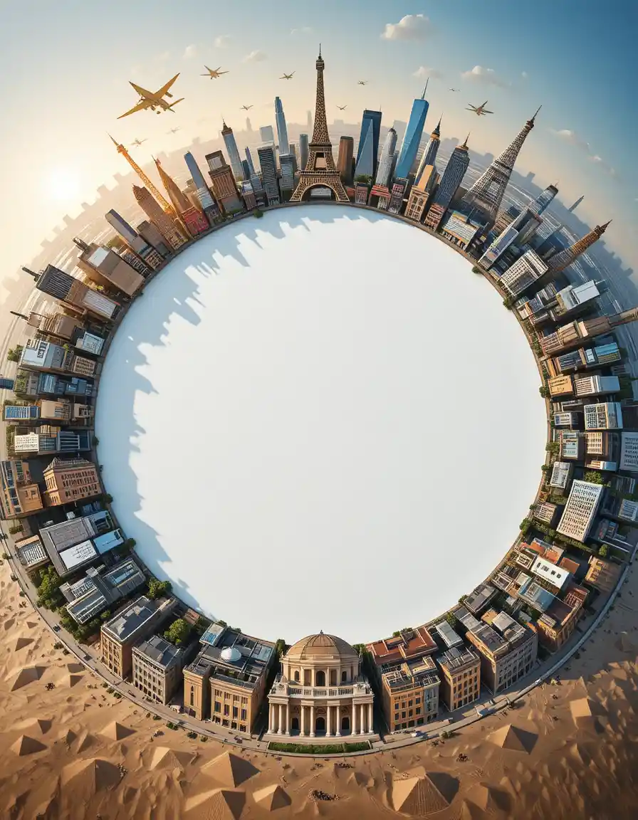 Circular panorama of world landmarks around a white center