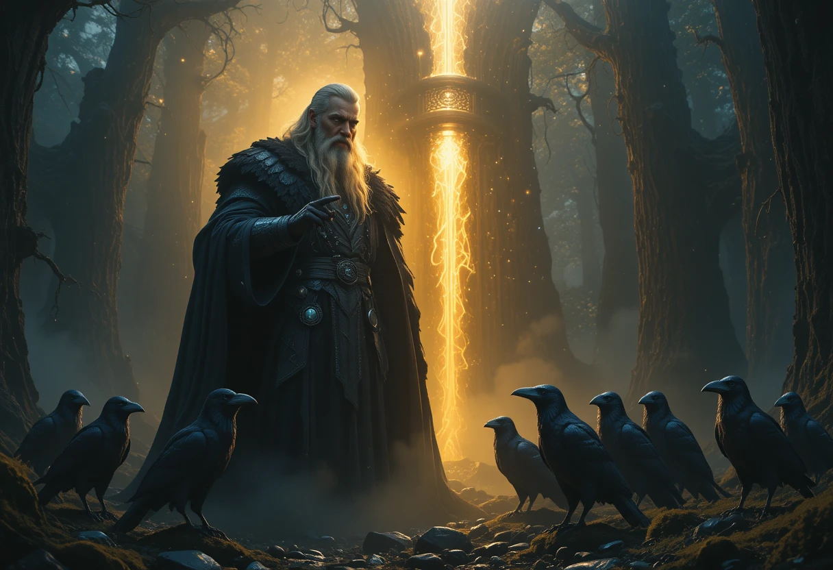 Odin emerging from a misty forest with guardian ravens