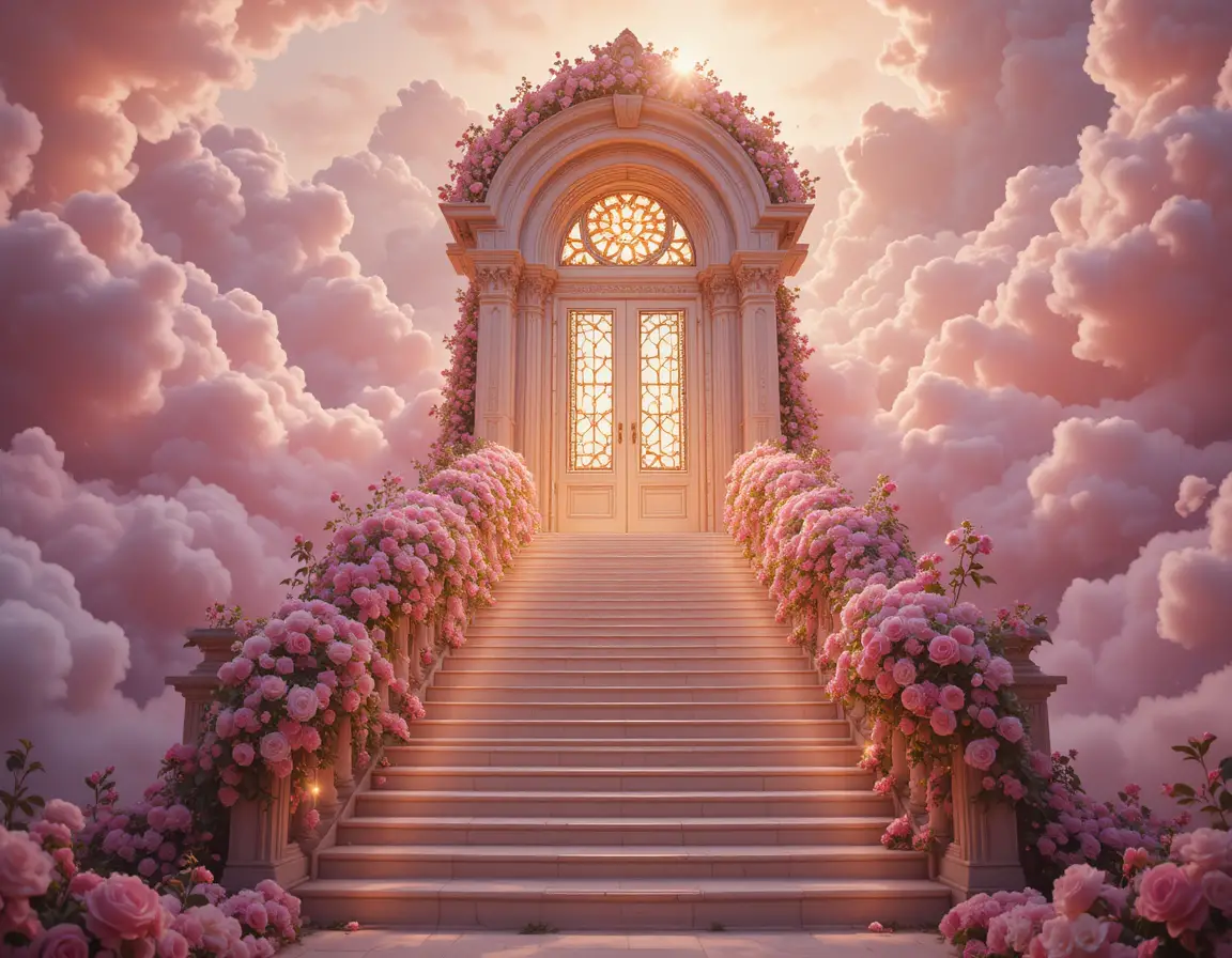 Celestial gothic arch doorway above a glowing rose staircase
