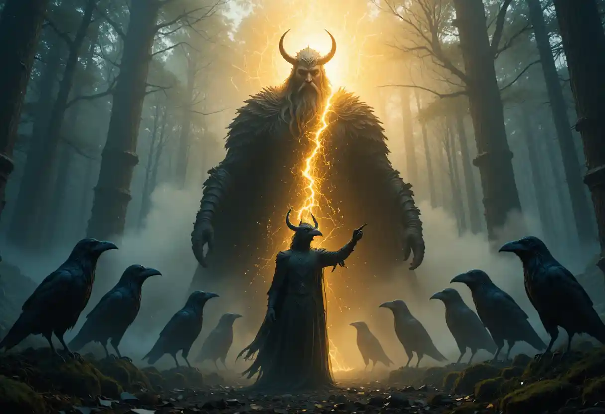 Odin emerging from a misty forest with guardian raven