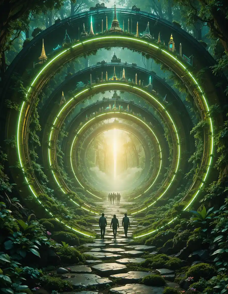 Sci fi portal tunnel of world landmarks in forest