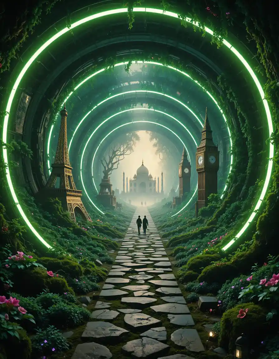 Sci fi forest portal with glowing rings and landmarks