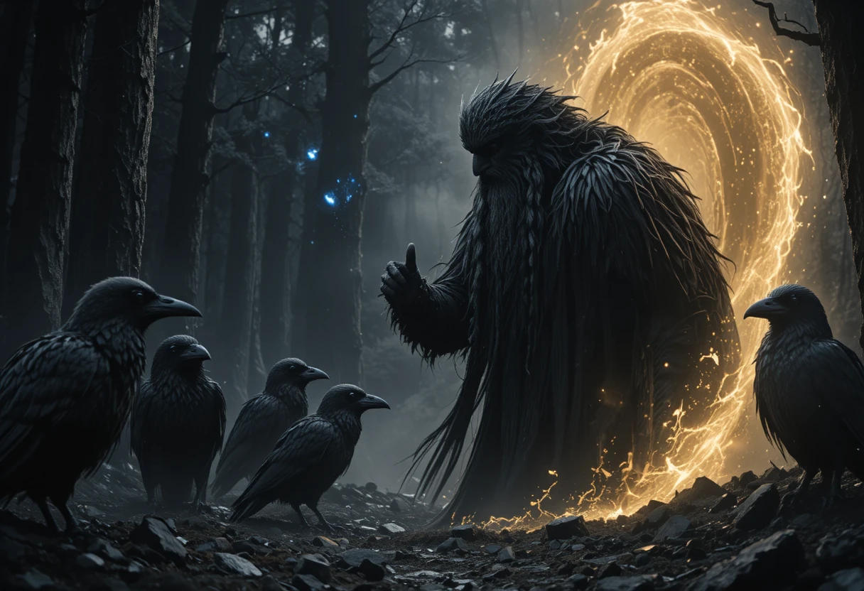 Odin summoning a golden rift in a dark forest